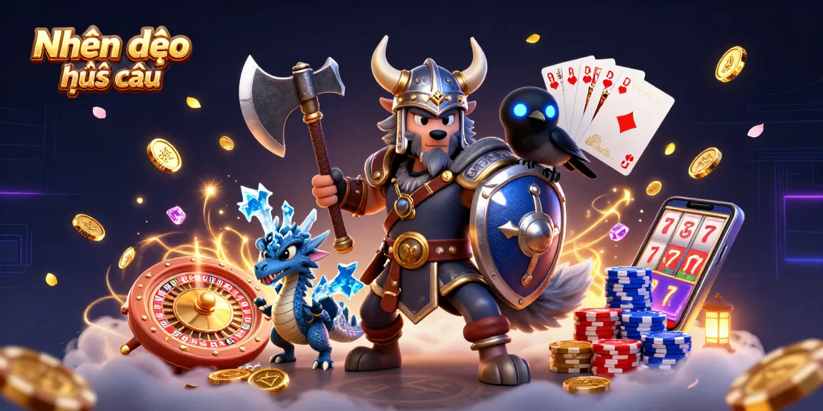 Engaging Nhận định kèo nhà cái scene showcasing a Viking wolf warrior, fierce dragon, and raven amid festive casino elements