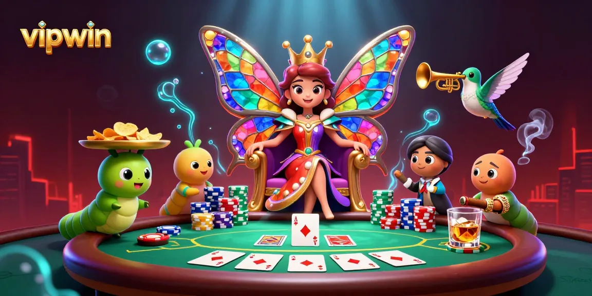 Experience thrilling gameplay at vipwin with a majestic butterfly queen leading a vivid casino scene.