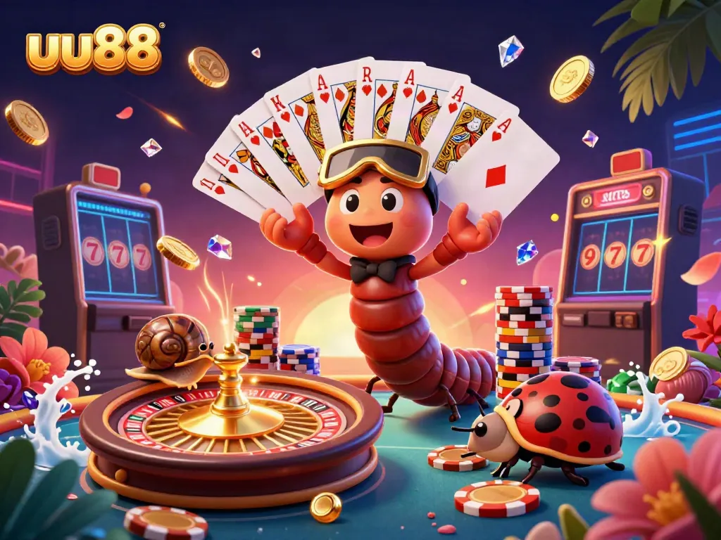 Experience thrilling wins at uu88 with a vibrant 3D casino scene showcasing colorful characters and game elements.
