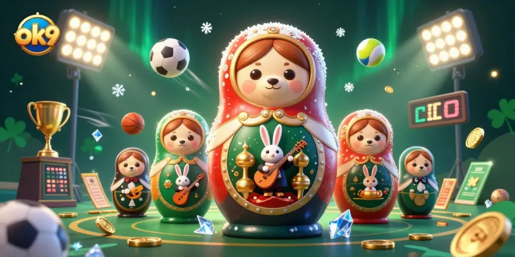 Bet big and bet responsibly with ok9's vibrant casino illustration showcasing festive gaming elements.