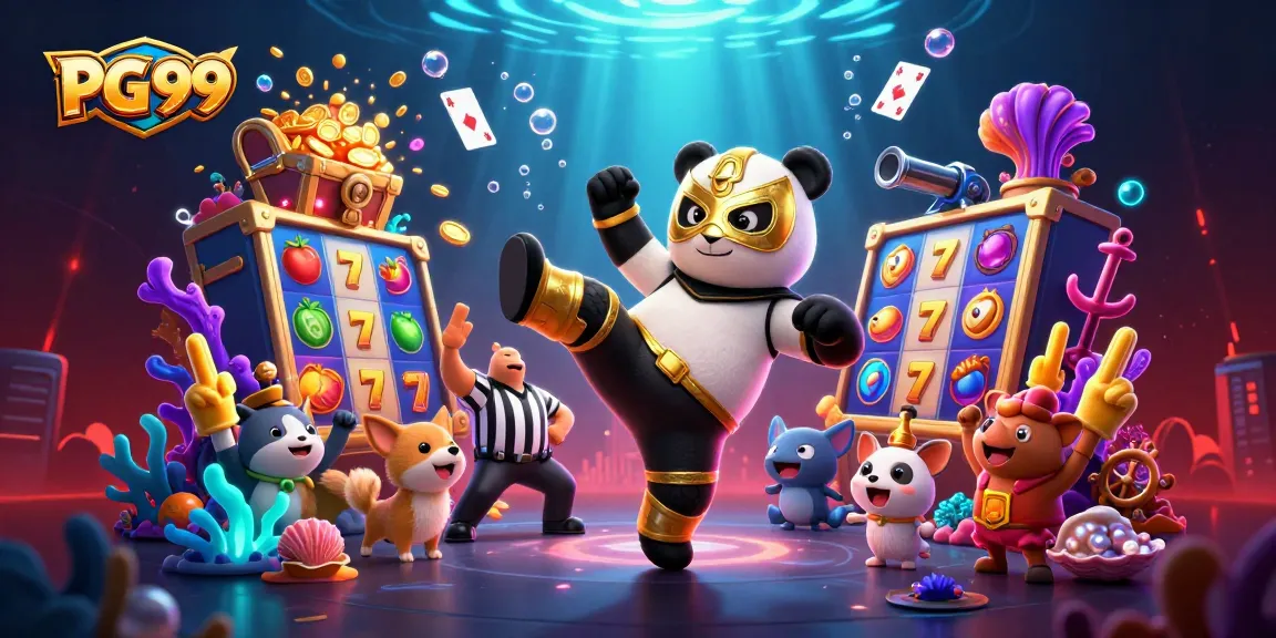 Experience the PG 99 excitement with a playful wrestler panda, golden treasure, and festive animal spectators.