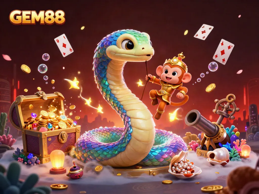 Experience the excitement of GEM88 with a vibrant 3D illustration featuring a rainbow serpent and treasure-filled underwater scene.
