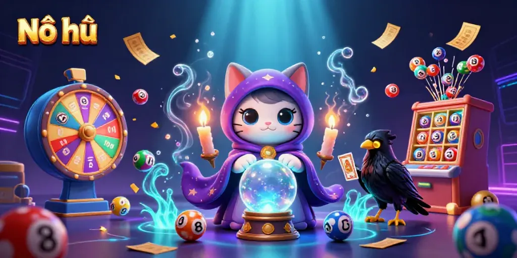 Nổ hũ scene featuring a mystical cat and raven presenting colorful lottery elements in a vibrant casino atmosphere.