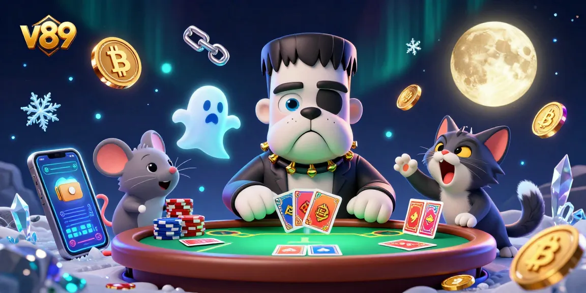 v89 menang kartu sambil bermain poker dengan karakter unik dan latar belakang kasino