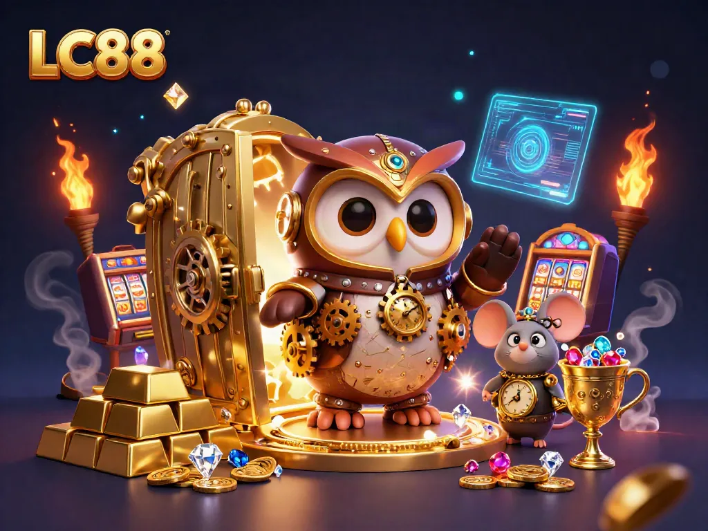 Engage in thrilling games at LC88 with dynamic visuals of steampunk owl and golden treasures.