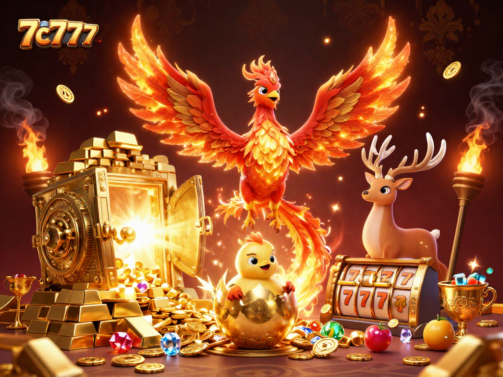 Experience the excitement of 7c777 with a phoenix and slot reels in a bustling casino