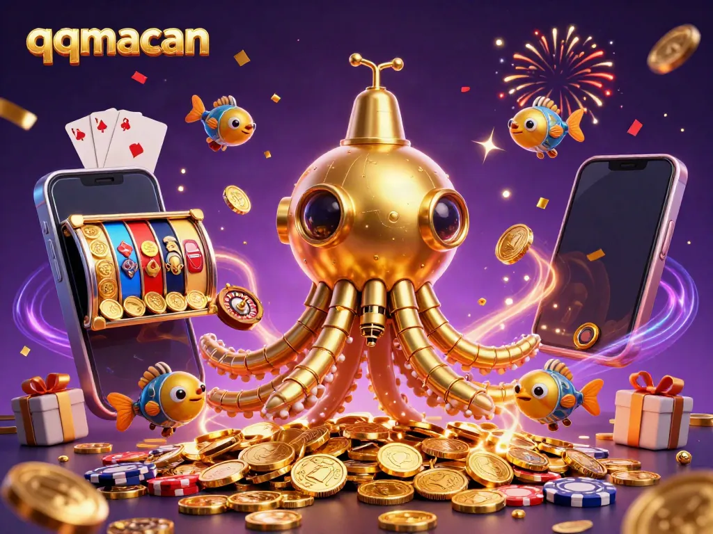 Engage with qqmacan's vibrant casino experience showcasing a golden kraken and slot games.
