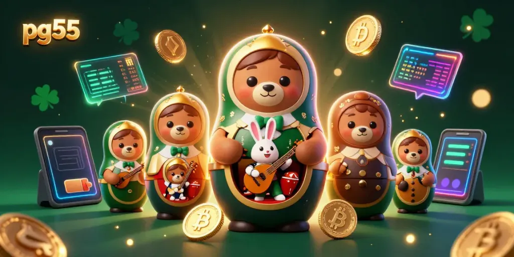 Discover the action-packed scene of pg55 featuring a Russian Matryoshka bear, casino dealers, and cryptocurrency elements.