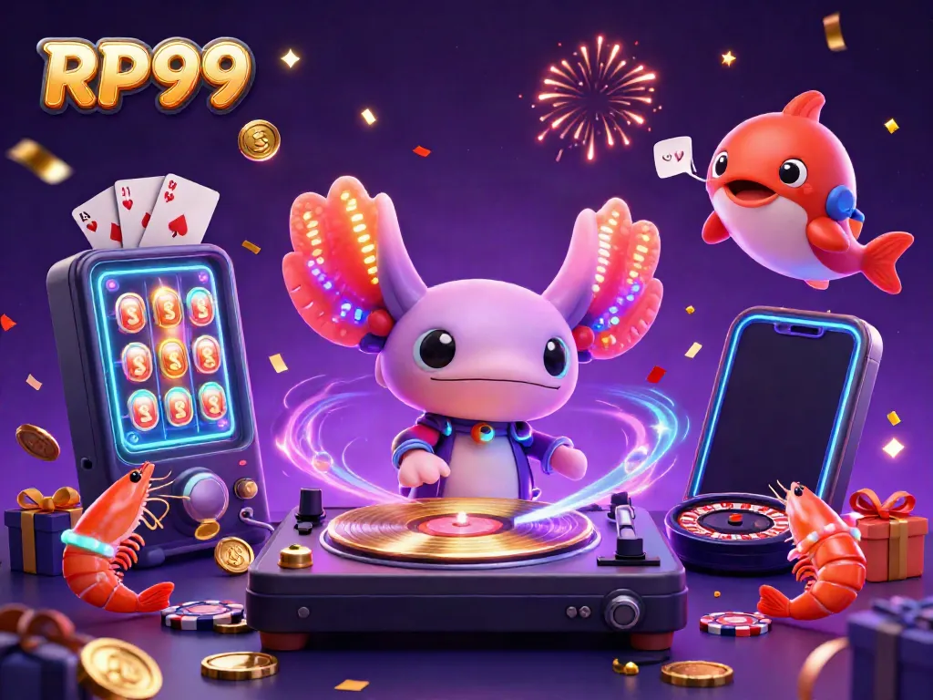 RP99 engages players with vibrant slot games in a colorful 3D casino scene.