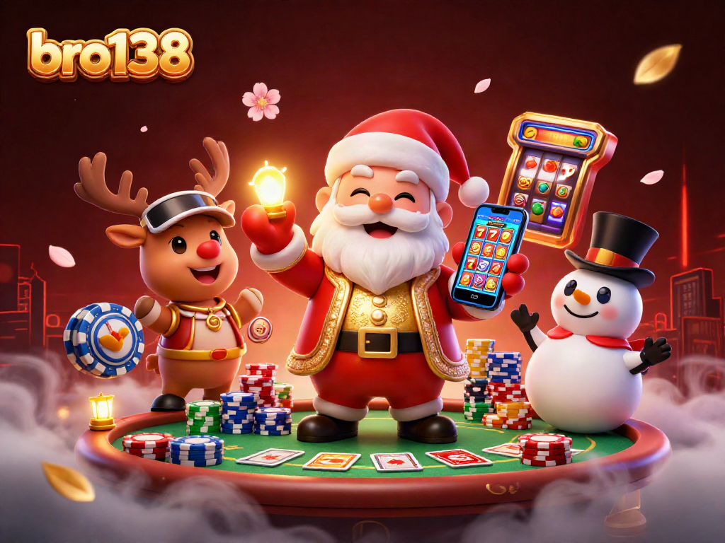 Spin jackpot slots with bro138 as Santa and friends celebrate in a vibrant casino.