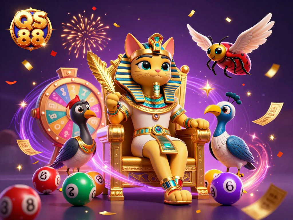 Engage with QS 88's vibrant lottery scene, featuring dynamic colorful balls and a celebratory atmosphere.