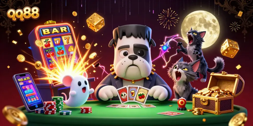 qq88 interactive scene with a cartoon bulldog dealer, chips, and a gold moon theme.