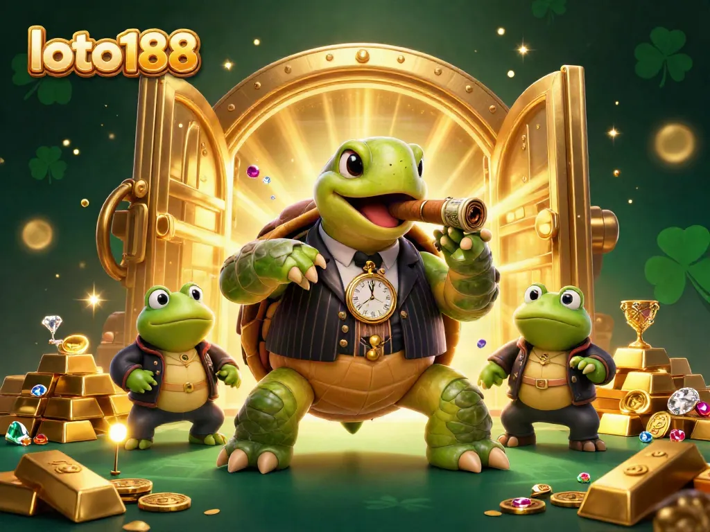 Experience the excitement at loto188 with a vibrant 3D scene featuring a mobster turtle and bullfrog enforcers amidst casino riches.