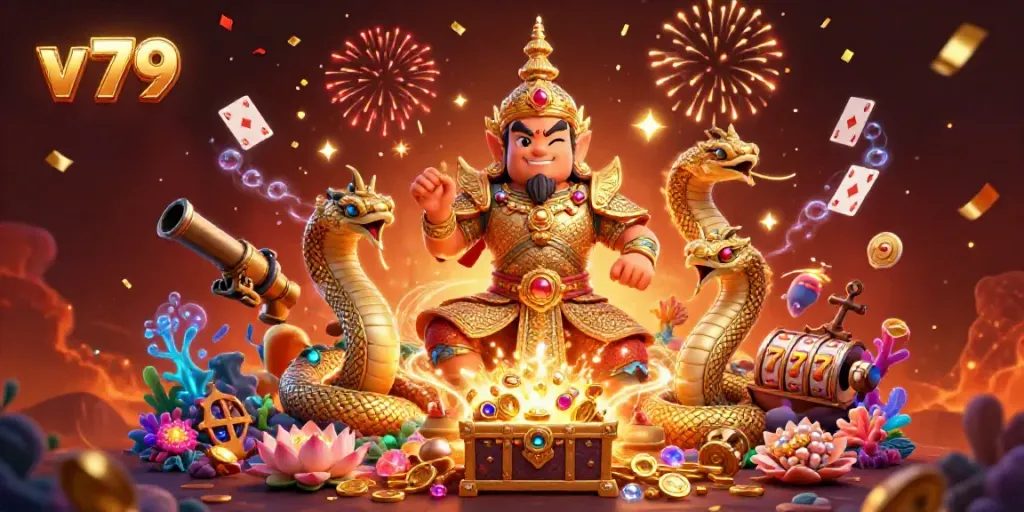 Play exciting games with v 79 and vibrant 3D characters surrounded by treasures and casino elements.
