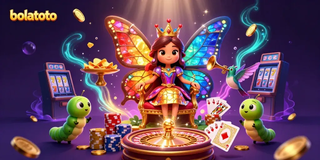 Experience bolatoto's thrilling gaming scene with vibrant characters, casino symbols, and sparkling treasures.