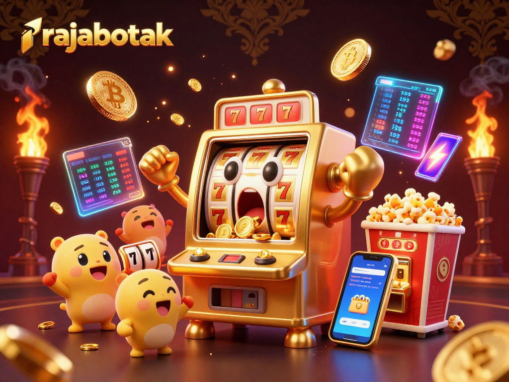 rajabotak engages players as a golden slot machine hits the jackpot amid coins and excitement