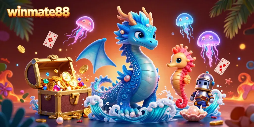 Experience thrilling wins at winmate88 with a dynamic 3D underwater casino illustration featuring engaging characters and vibrant game elements.