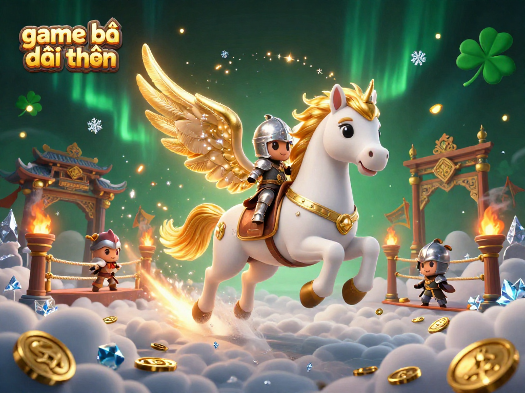 Experience game bài đổi thưởng with a whimsical knight riding a celestial horse in a vibrant casino scene.