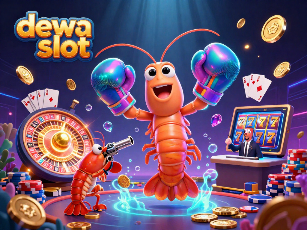 Engage with dewa slot in this vibrant casino illustration featuring animated sea creatures and exciting gaming symbols.