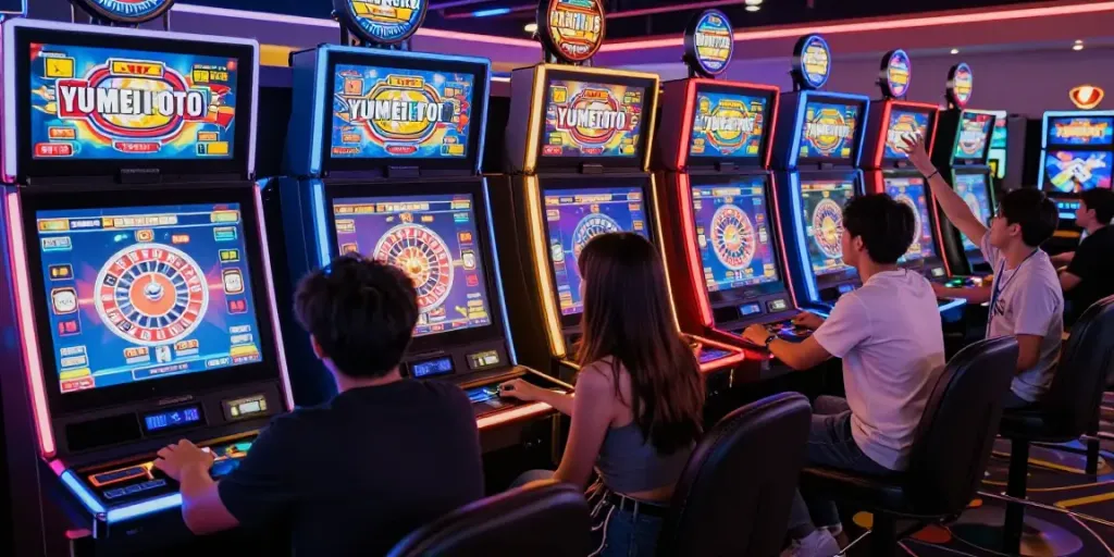 Exciting gameplay at YUMETOTO with vibrant slot machines and players cheering.