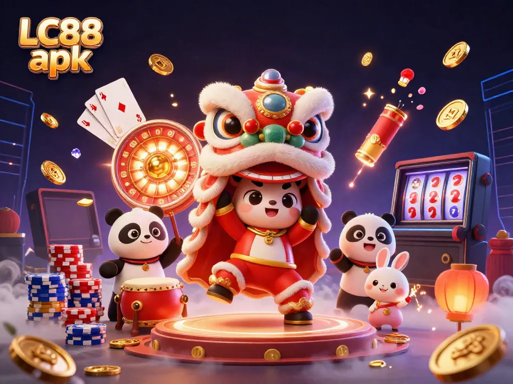 Engage with the festive LC88 apk scene of a lion dance with casino elements cascading around.