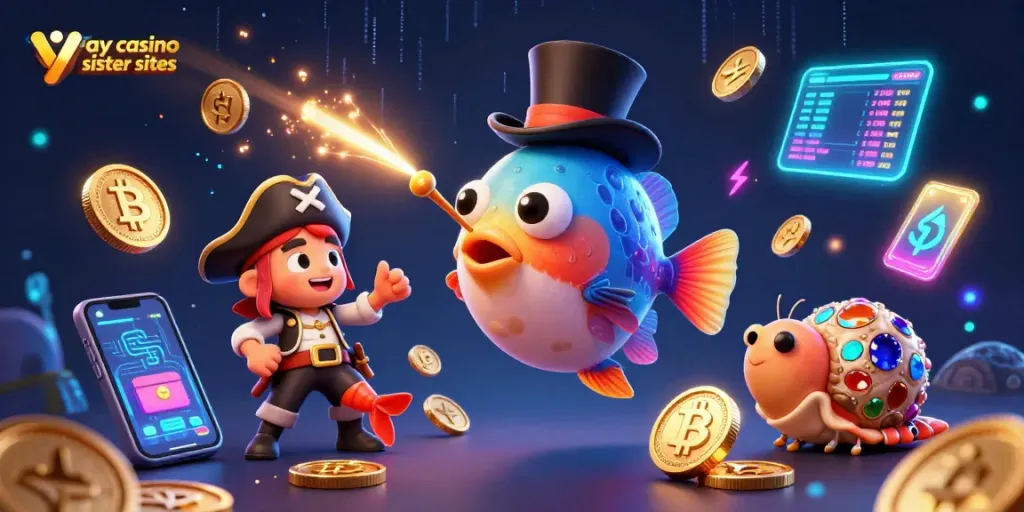 Engage with yay casino sister sites featuring colorful undersea characters like an anglerfish and treasure snail.