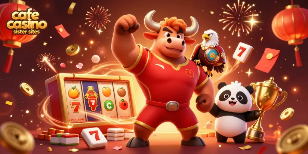 Winning at cafe casino sister sites, a victorious bull, eagle, and panda celebrating with slots and rewards.