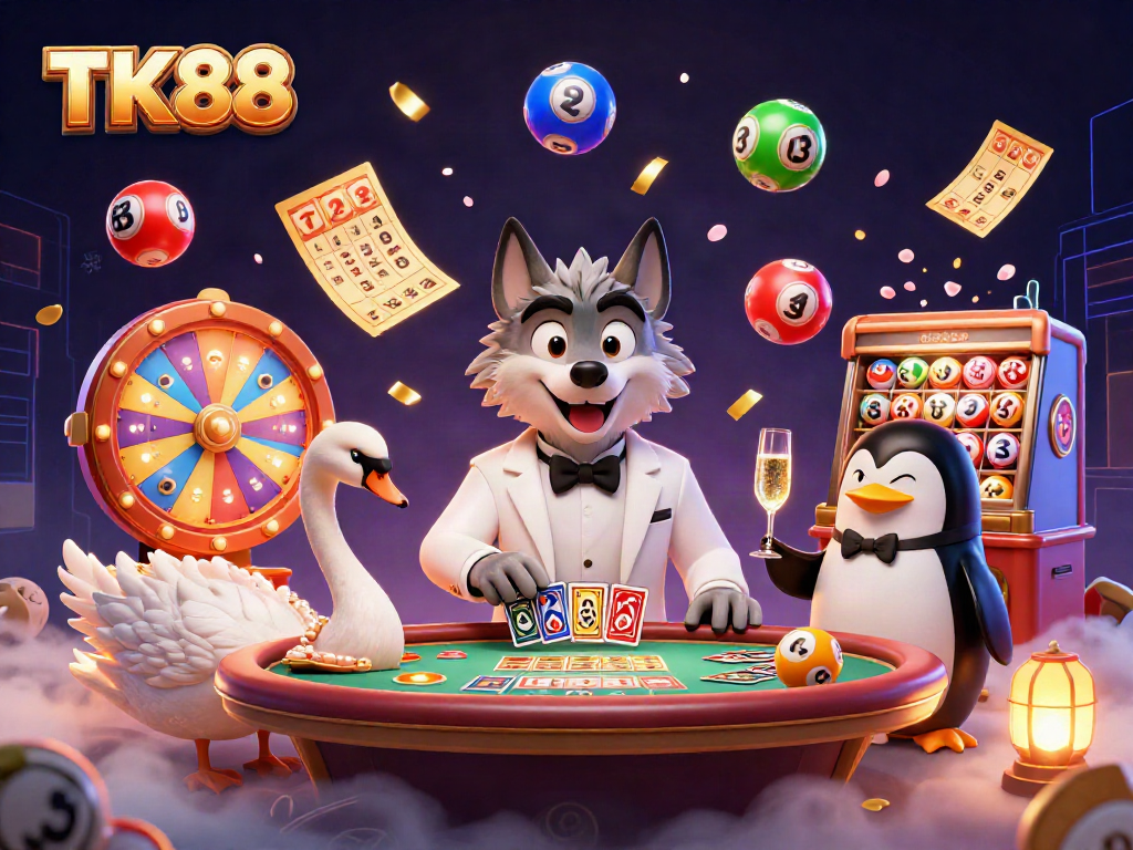 Winning with TK88 at the baccarat table as a wolf, swan, and penguin celebrate with dynamic game elements.