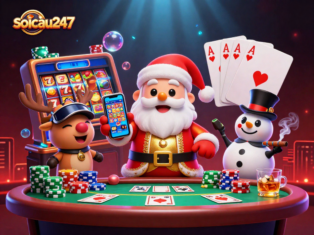 Spin jackpots and win with soicau247's vibrant casino-themed scene featuring Santa and friends.