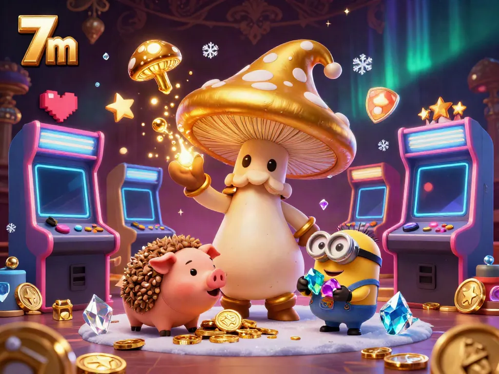 Experience thrilling gaming with 7m's vibrant golden mushroom wizard and adventure-themed characters in a dynamic casino scene.