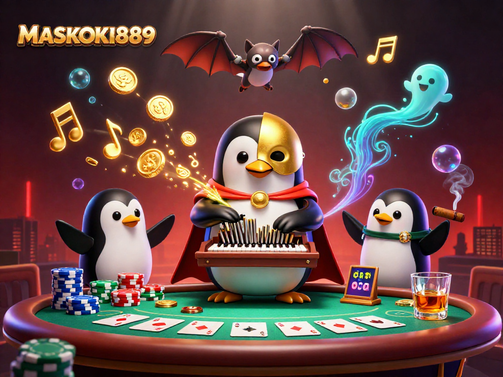 Join the excitement at MASKOKI889 as a phantom penguin plays music that rains coins in a dazzling casino scene.