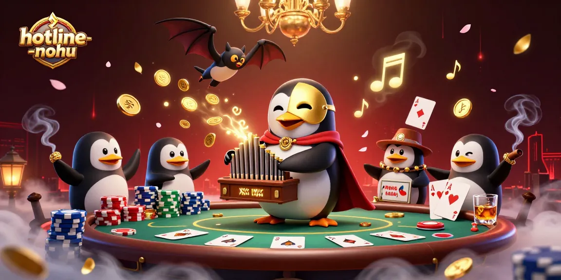 Engage with hotline-nohu at an exciting casino scene featuring a golden organ-playing penguin and vibrant poker elements.