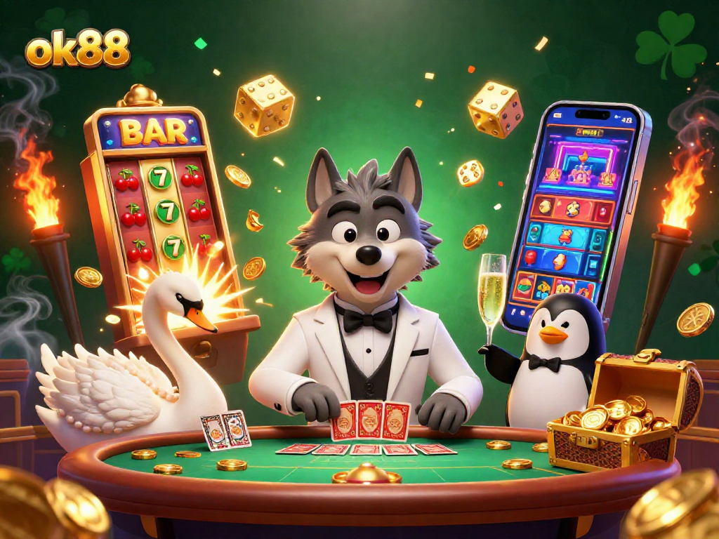 Play thrilling casino games at ok88 with the elegant wolf, swan dealer, and penguin sommelier!