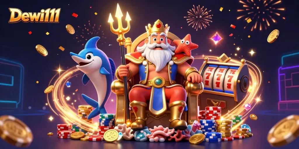 Permainan slot Dewi111 dengan visual yang kaya, menampilkan karakter kartun 3D dan elemen kasino.