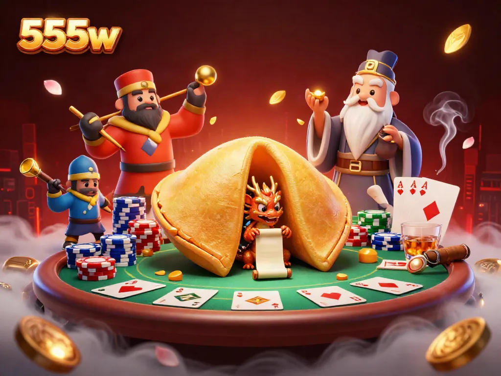 Engage in the magical world of gambling with 555w, featuring a golden fortune cookie and poker elements.