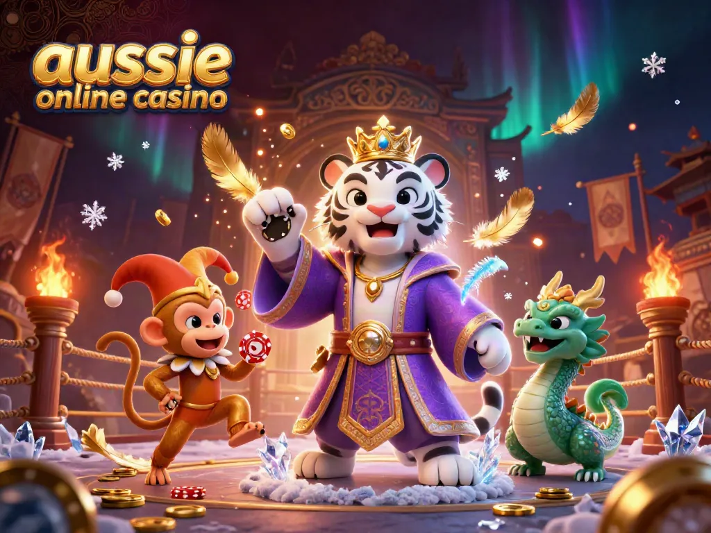 Engage with the energetic scene of an aussie online casino featuring a tiger, monkey, and dragon amidst vibrant casino elements.