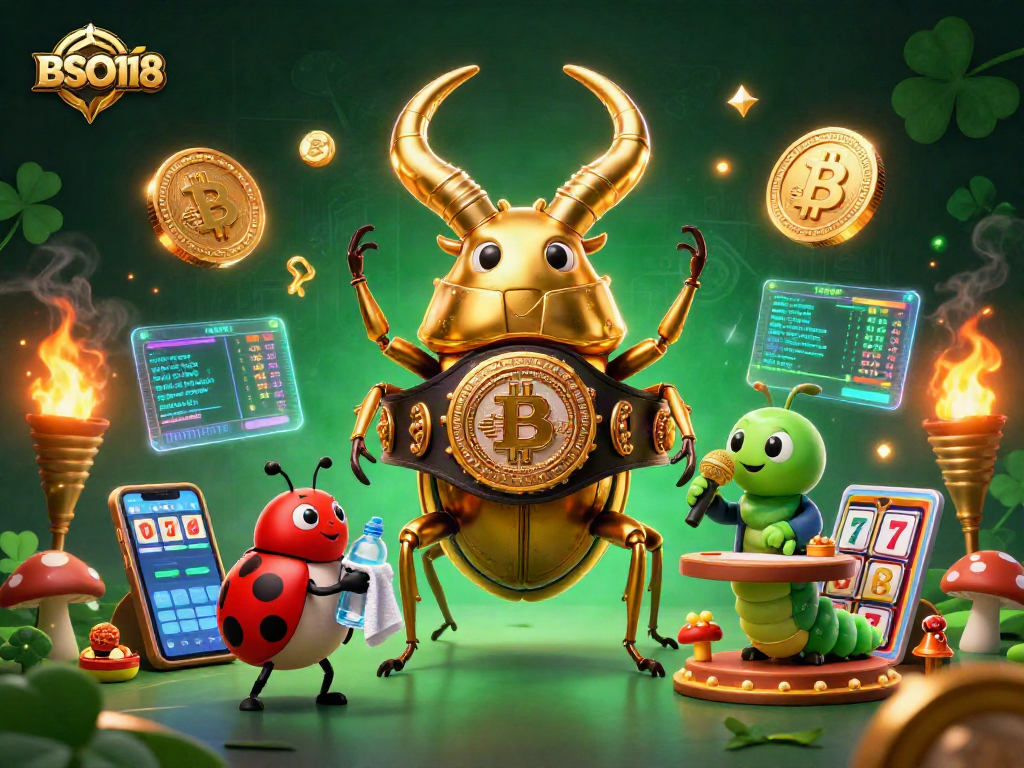 Engage with BSO118 in a dynamic scene featuring a golden stag beetle boxing champion in a crypto casino.