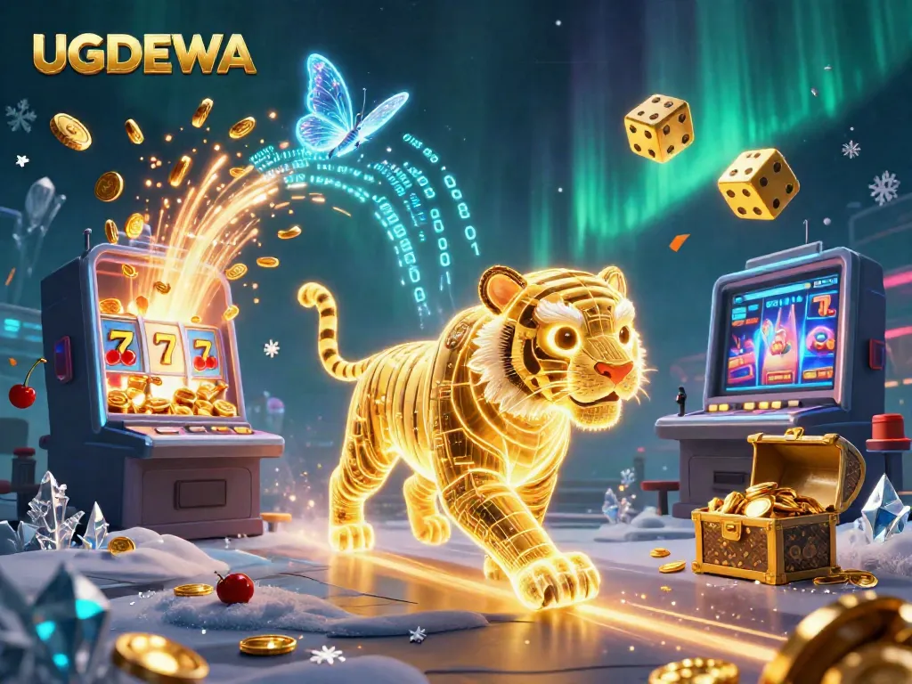 Experience the thrill of winning at UGDEWA with a dazzling digital casino landscape featuring vibrant golden tiger companions.