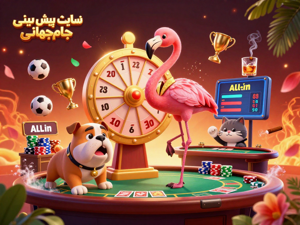 Engaging gambling scene with flamingo host, bulldog contestant, and cat assistant at سایت پیش بینی جام جهانی.