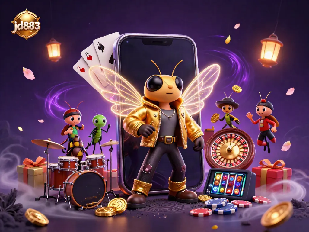 Experience the vibrant excitement of jd883 with a lively 3D cartoon scene featuring a cicada rock star and dynamic game elements.