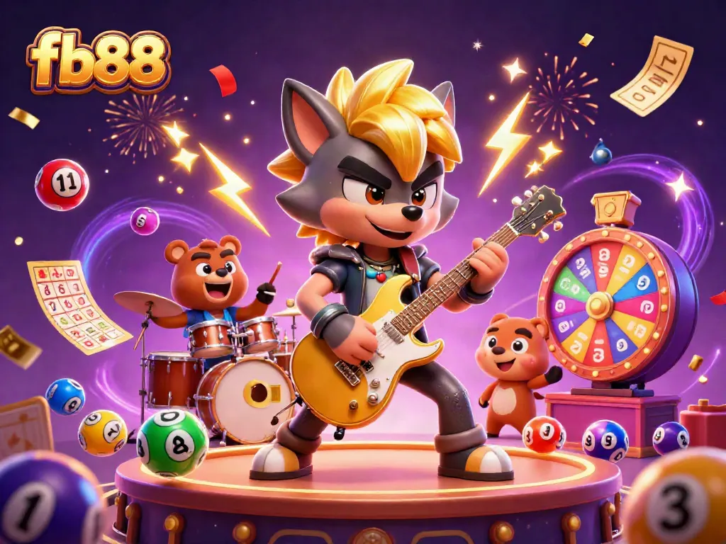 Experience the thrill of fb88 with a vibrant 3D casino scene featuring a rock star wolf and colorful lottery elements.