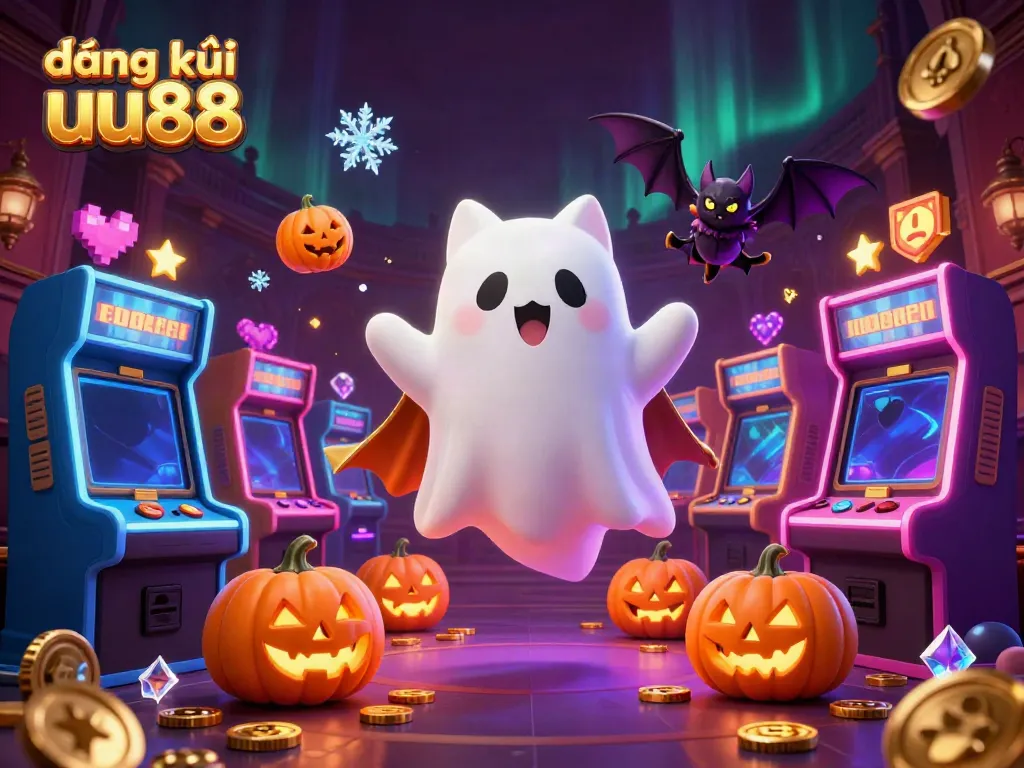 Play games at đăng ký uu88 with a cartoon ghost cat and vampire bat in a spooky casino scene.