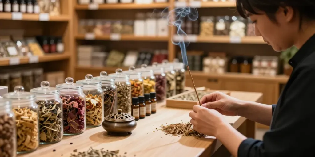 Herbal incense for sale in a tranquil artisan shop with jars of dried herbs.