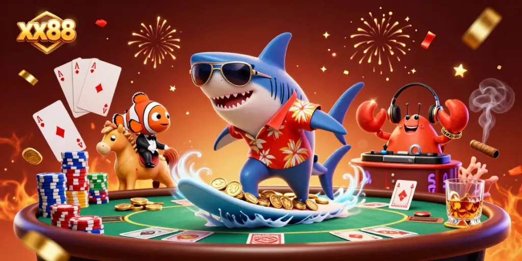 Experience the thrill of xx88 with a vibrant 3D casino illustration featuring dynamic characters and elements.