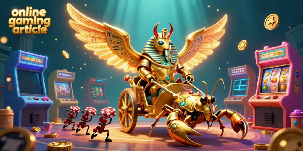 Engage with this online gaming article featuring a golden scarab and vibrant casino elements.