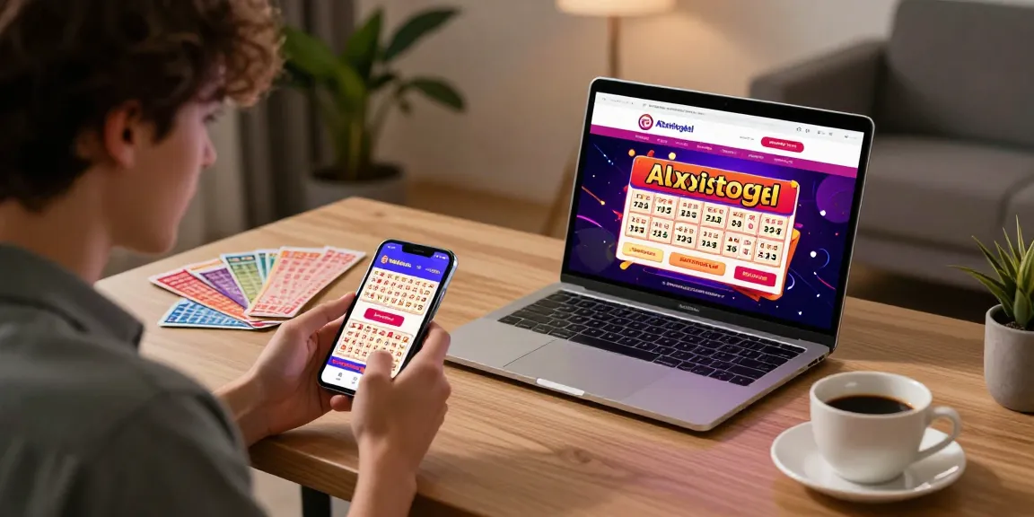 Pengguna excited bermain di bandar togel terpercaya Alexistogel, ponsel dan laptop menampilkan opsi lotere.