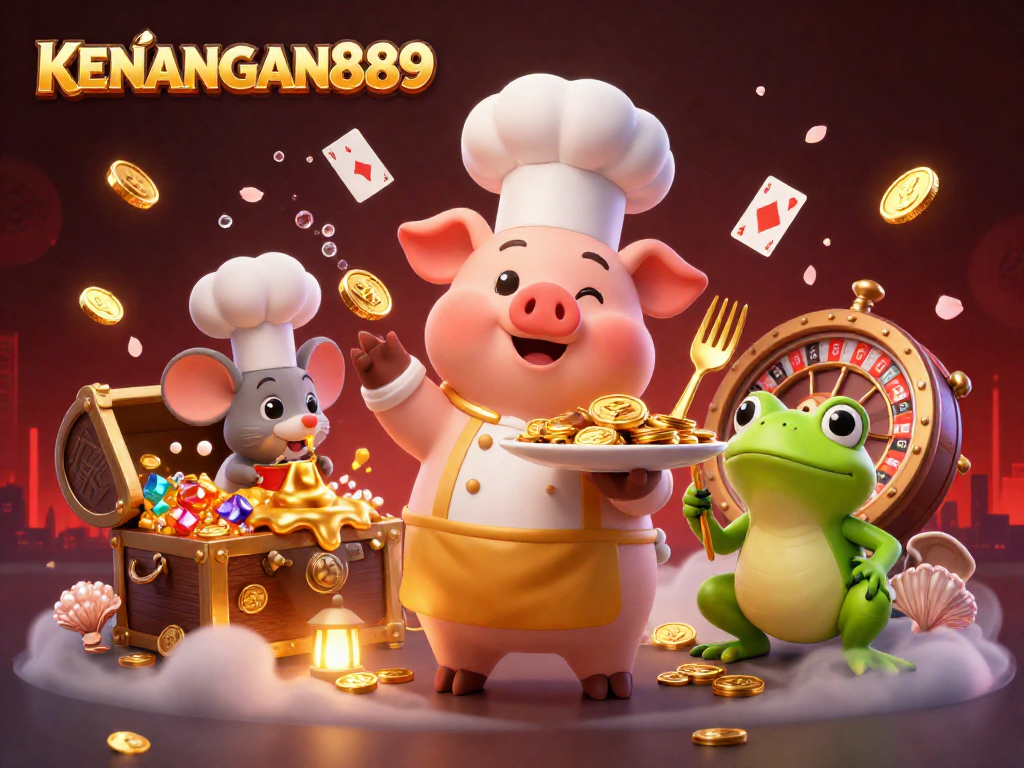 ENGAGING KENANGAN889 illustration of chef pig serving gold coins in a vibrant casino scene.