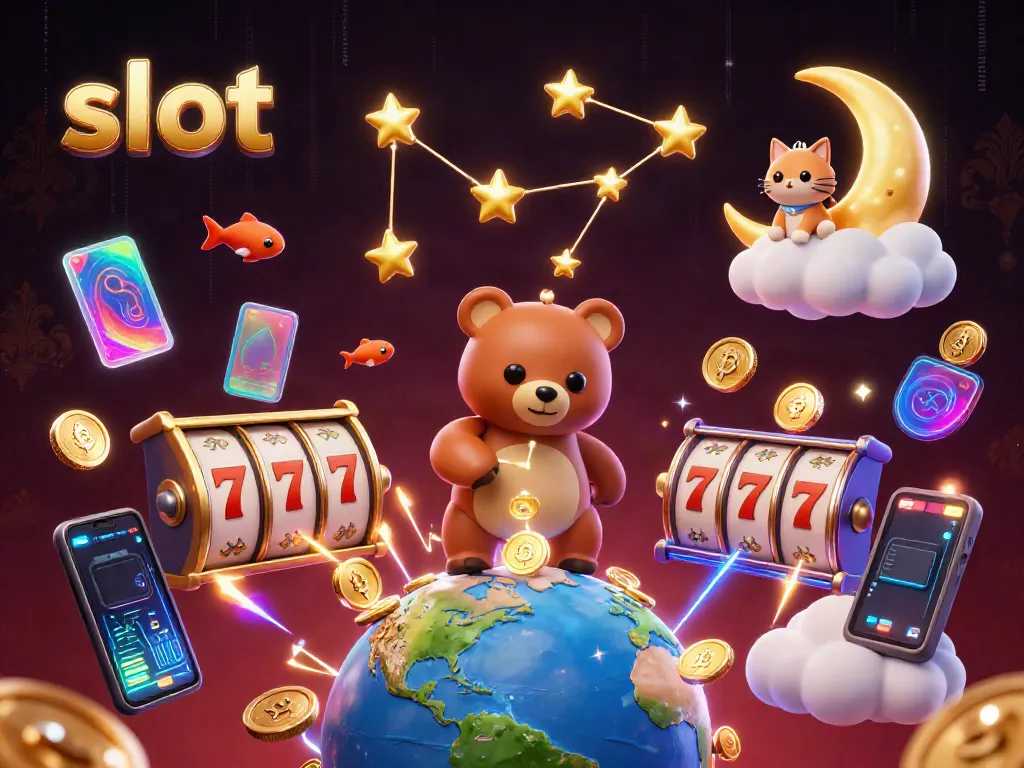 Engaging slot-themed 3D illustration with a constellation bear and jackpot elements, showcasing a vibrant casino atmosphere.
