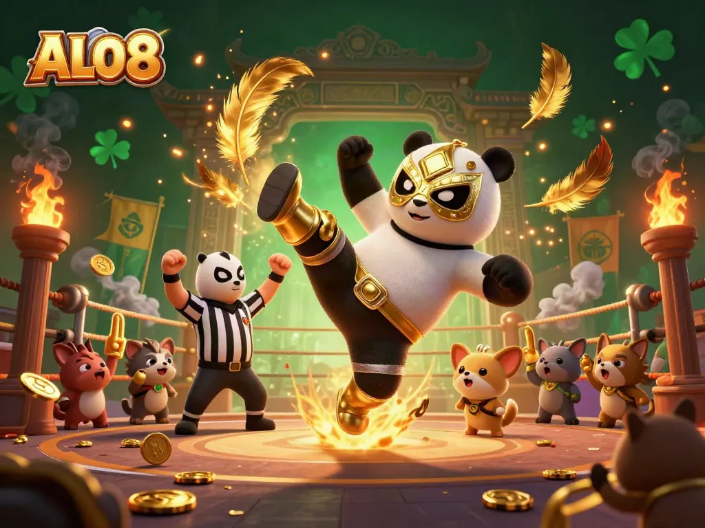 ALO8 presents a lively scene of a panda wrestler and animal spectators enjoying a thrilling kick-off in the casino.