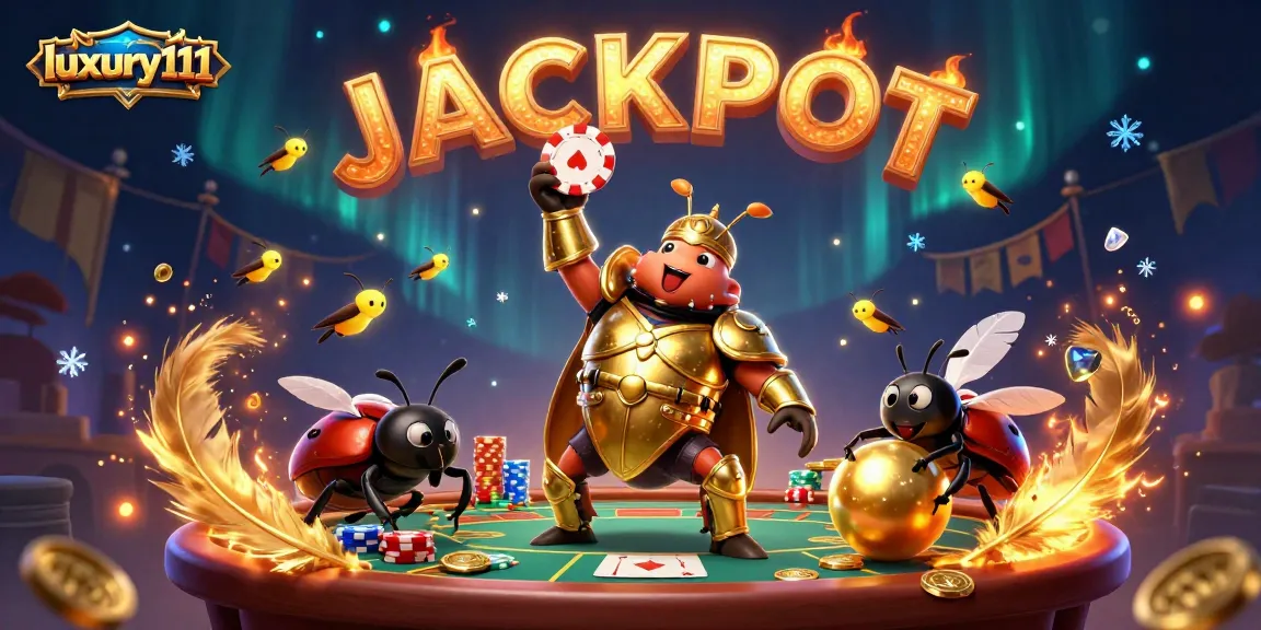 Engage with luxury111 through an action-packed casino scene featuring a victorious beetle lifting a poker chip.
